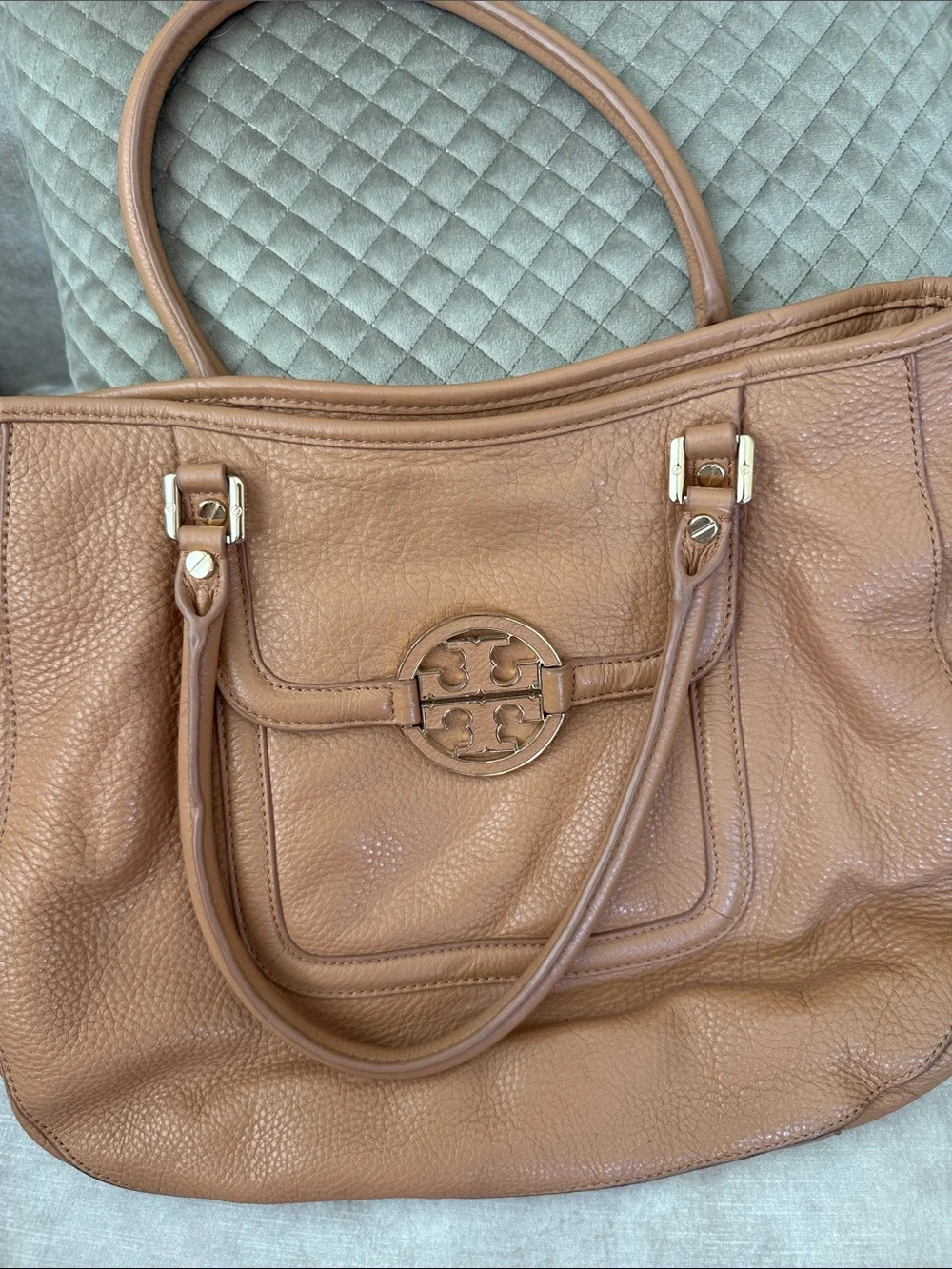 Tory Burch Tan Pebbled Leather Tote with Logo Emblem